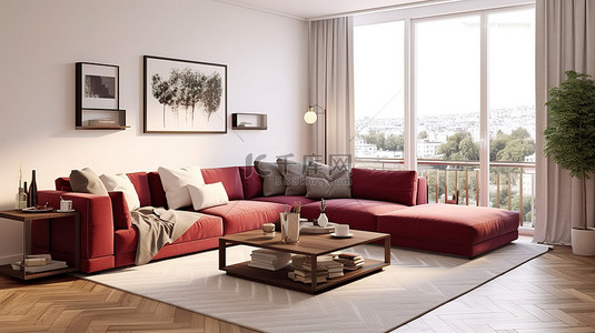 大白色背景图片_宽敞的勃艮第和白色马桑德拉客厅的 3D 渲染，配有大角沙发