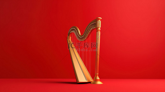 红色旋律背景图片_充满活力的红色背景 3D 渲染上的优雅竖琴