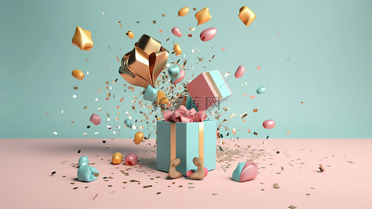 3D 渲染的礼品盒打开，背景中有气球五彩纸屑和小礼物