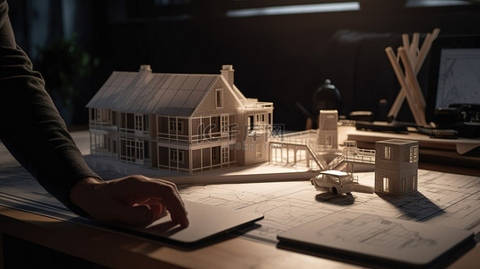 型年背景图片_男性设计师和建筑师在桌上使用笔记本电脑和 3D 房屋模型
