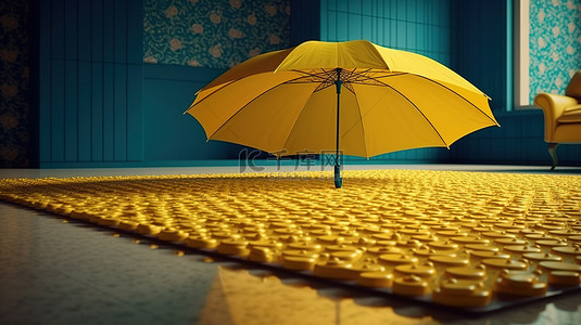 阳光明媚的黄色地毯和 3d 雨伞