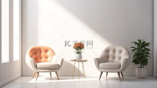 时尚公寓背景图片_时尚而现代的扶手椅设置在白色的空旷空间 3D 渲染中