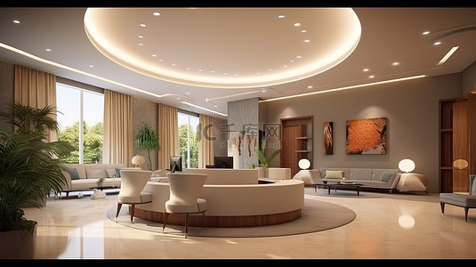 酒店大堂背景背景图片_酒店或办公室的现代接待区 3D 渲染豪华室内设计