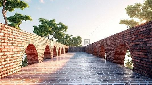 户外混凝土和砖桥墙的日光建筑概念创新 3D 渲染