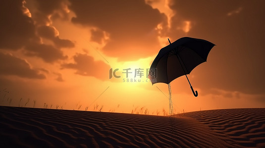 夏天下雨背景图片_下雨的沙丘和日落背景与 3D 渲染的吹伞轮廓