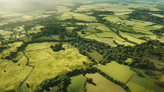 从上面看英国乡村郁郁葱葱的树木和田野的 3D 渲染
