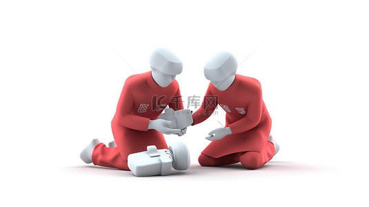 CPR 培训概念医生在 3D 插图中的白色背景下进行急救