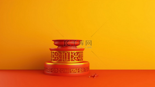 元宵节舞台背景图片_黄色背景，空荡荡的讲台 3d 为中国新年渲染