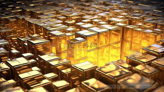 科技立方体背景图片_闪闪发光的科技立方体是一个黄色金属方形盒子，装饰着复杂的 3D 渲染窗饰和纹理