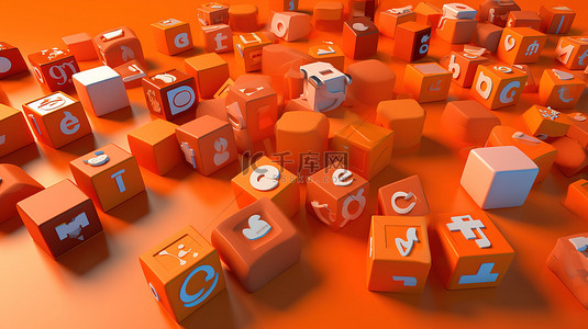 方形徽标背景图片_橙色背景展示了大量代表 3D 顶级社交媒体应用程序的方形徽标