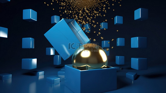 一个金色的球体从一个开放的蓝色礼品盒中以 3d 形式出现