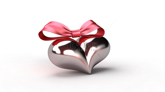 有丝带的爱心背景图片_白色背景上有蝴蝶结的心的浪漫 3D 插图