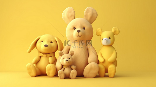 兔子的插画背景图片_黄色背景展示了一只带兔子的可爱玩具熊的 3D 渲染图