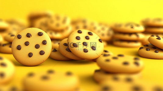 黄色马卡龙背景图片_充满活力的黄色背景下的饼干宏观照片 3D 渲染插图