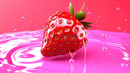 粉红色背景上新鲜水果的清爽草莓汁的 3D 渲染