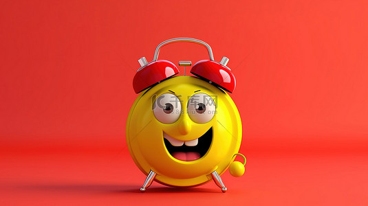 3D 渲染的吉祥物角色在充满活力的黄色背景上持有红色闹钟