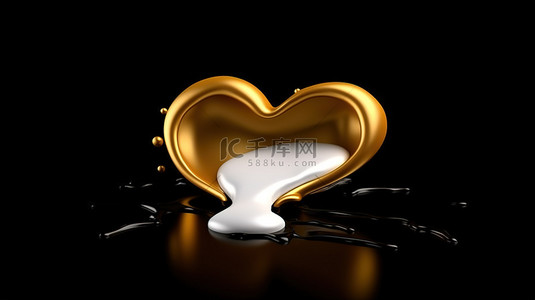 简约创意的 3D 渲染，黑色背景下白色心形上金色融化的巧克力滴