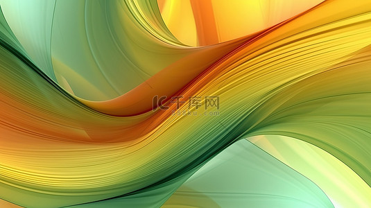 绿黄色和橙色色调的分形曲线，具有抽象纹理外观 3D 渲染