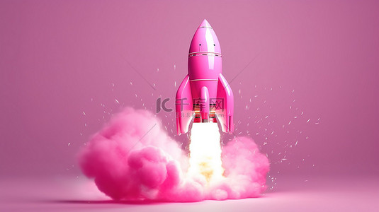卡通清火背景图片_发射粉色 3D 设计的腮红火箭
