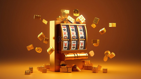 金色背景上立方体主题在线赌场老虎机的 3D 渲染体现赌博的设计理念