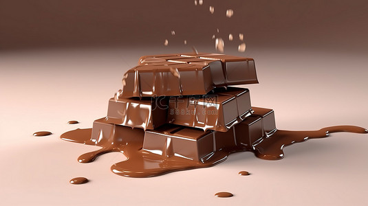 巧克力牛奶棒的 3D 渲染与美味的巧克力片
