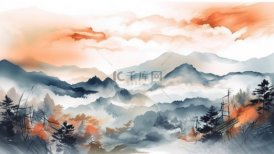 水彩水墨风景对日本雄伟山脉和自然的抽象描绘