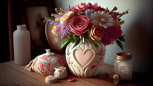 母亲节心形花瓶插花粉色糖果盒