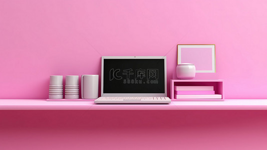 拿着笔记本电脑的粉红色架子的 3D 插图