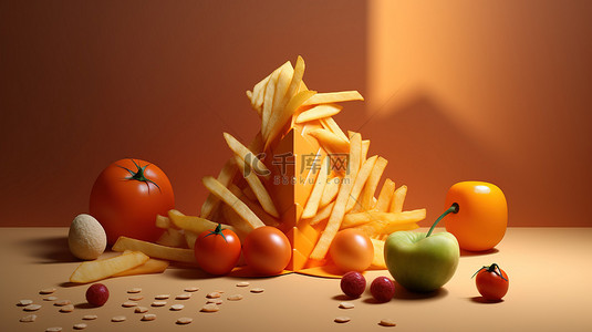 糕点场景背景图片_时尚简单的食物几何详细 3D 渲染场景