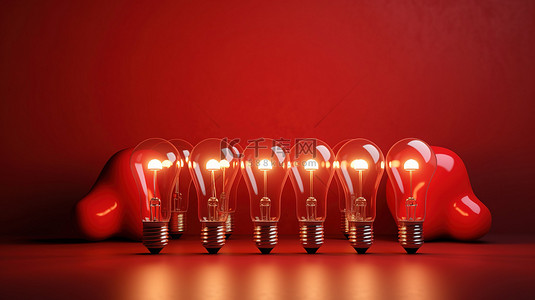 用红色背景上的灯泡照亮你的创造力积极思考的 3D 插图