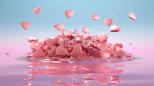 泡泡心背景图片_甜心形状层叠到粉红色水中的 3D 渲染