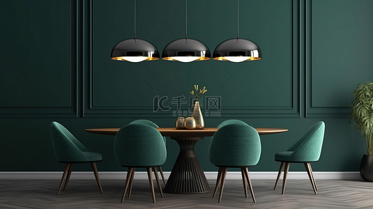 工作室餐厅的 3D 插图，配有绿色椅子和现代简约风格的豪华桌子