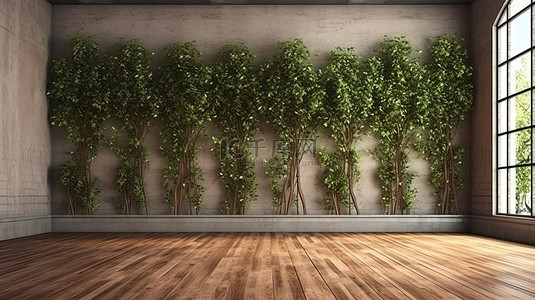 自然的提升 3D 渲染攀爬植物在空房间里的木板石墙和硬木地板