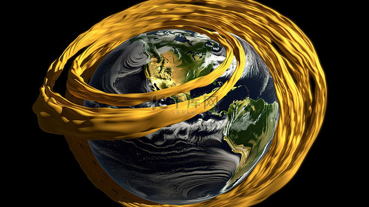 国际科技背景图片_运动中的金色地球具有旋转轨道的 3D 渲染