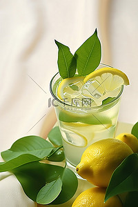 一杯加柠檬和叶子的果汁
