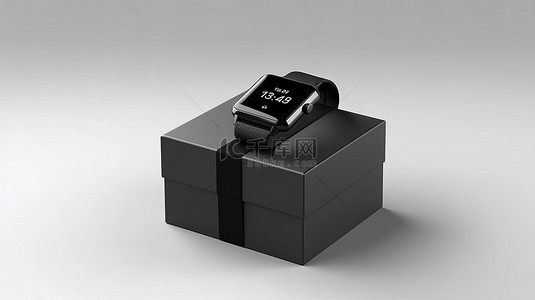 盒子刀模图背景图片_3D 渲染的时尚黑色智能手表模型，带有白色表带和白色背景礼品盒