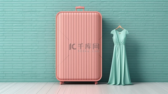 粉色手提箱放置在海蓝宝石砖墙背景前，带有 3D 渲染的白色折叠木裙屏