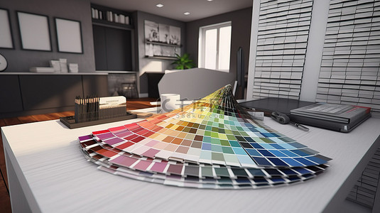 家居设计草稿背景图片_建筑师的桌面 3D 渲染，带有房屋设计标记和色样