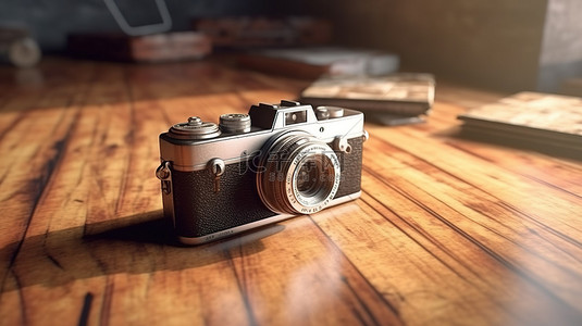 经典古董相机放置在 3D 创建的质朴木质表面上