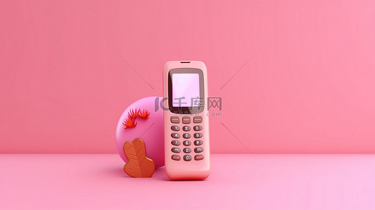 粉红色背景上空白卡通手机的独立 3D 渲染