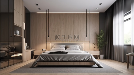 室内场景 3D 渲染与现代风格的卧室样机
