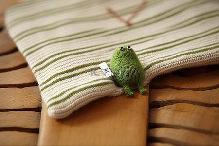 木桌上毛衣袖子上的小绿芽