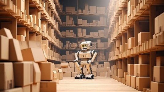 自动化仓库搬运纸板箱机器人的 3D 渲染