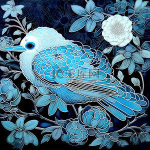 蓝色的花背景图片_一只白镴鸟和一朵蓝色的花被包围