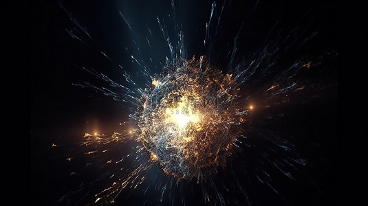 量子运动背景图片_以粒子为中心的空间的壮观 3D 渲染，带有爆炸性的魔法粒子星爆