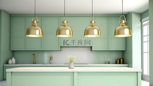 带装饰灯的开心果色设计师厨房岛的 3D 渲染