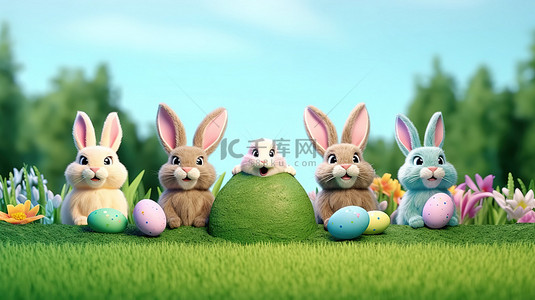 节日复活节横幅，底座上有 3D 渲染的可爱卡通兔子蛋和草坪