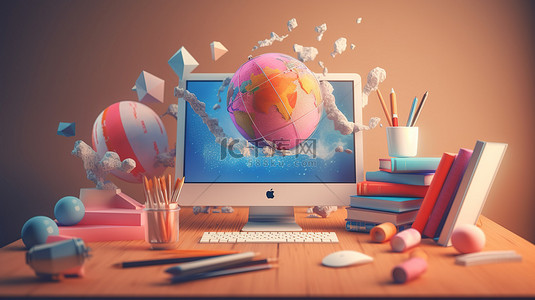 计算机教室背景图片_代表在线学习概念的计算机屏幕上 3D 浮动教育对象的插图