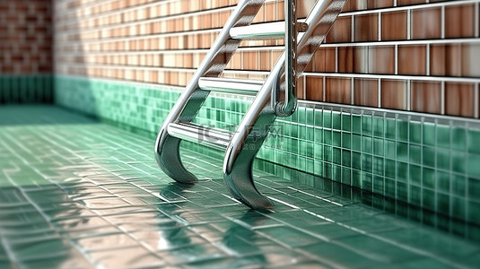 3D 渲染的铬制游泳池梯子对砖墙内部的特写