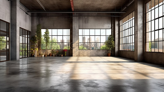 空的工业阁楼空间与混凝土地板阳光和窗户在前视图 3D 渲染房地产概念